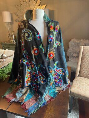 Soft Surroundings Wool Silk Embroidered Waterfall Duster Size 2X